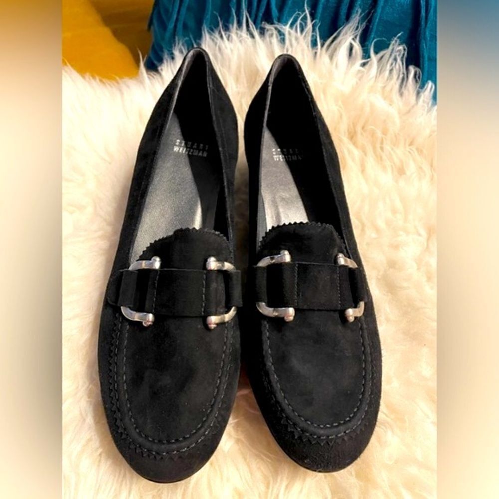 NEW Stuart Weitzman Black Suede Wedge Loafers Sz 10 - Picture 2 of 9